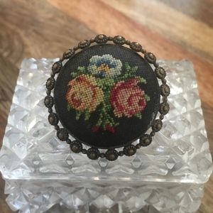 Vintage Floral Motif Needlepoint Brooch